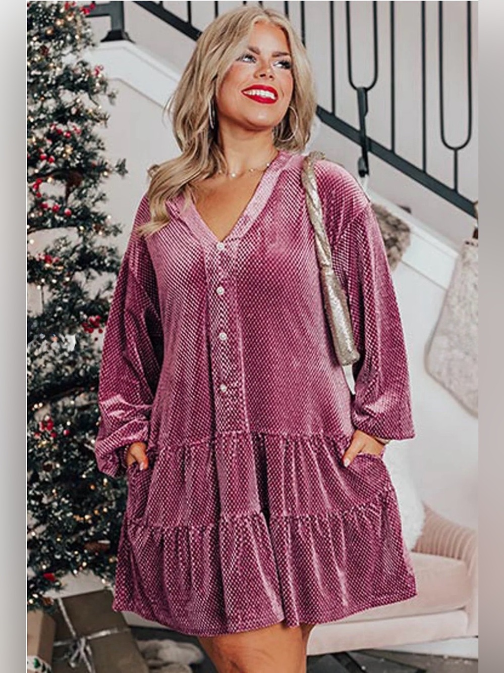 Fall Winter Textured Velvet Tiered Button V Neck Mini
Dress - Picture 3 of 9